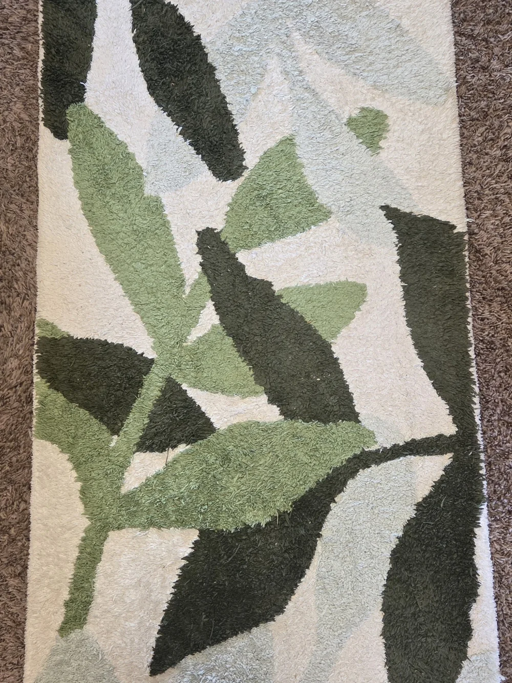 Long Green and White Rug Runner Featuring Beautiful Leaves, Soft